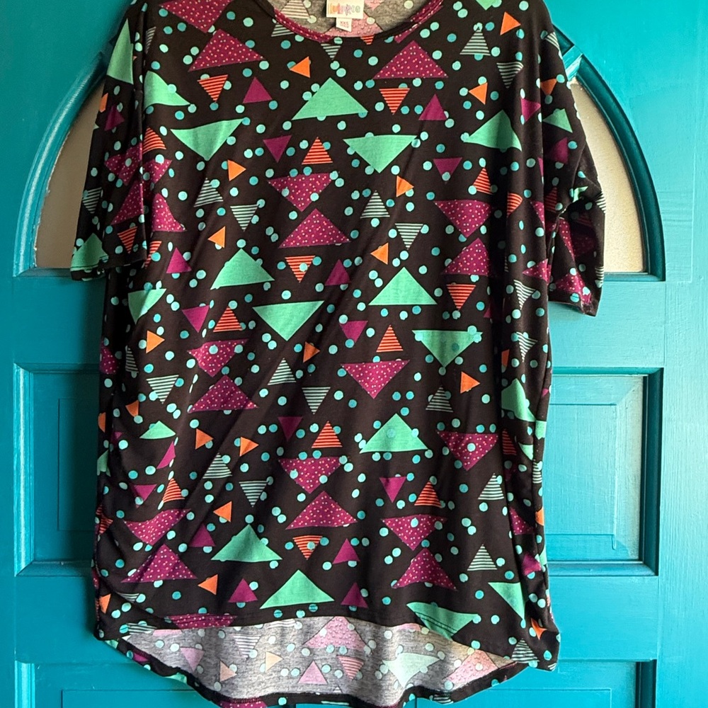 LuLaRoe Black Tunic with Teal and Pink Geometric Patterns
